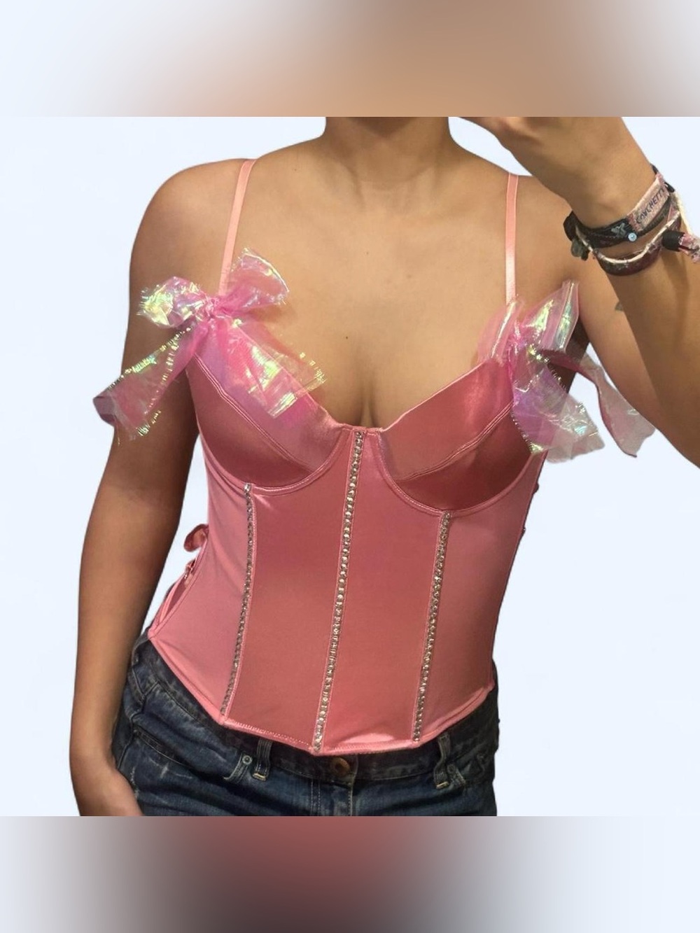 Y2K Pink Rhinestone Lace-Up Corset Top by Forplay!